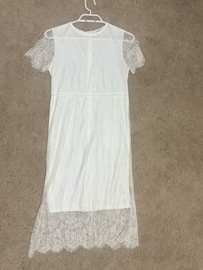 White Lace Midi Dress with Sheer Scalloped Hem